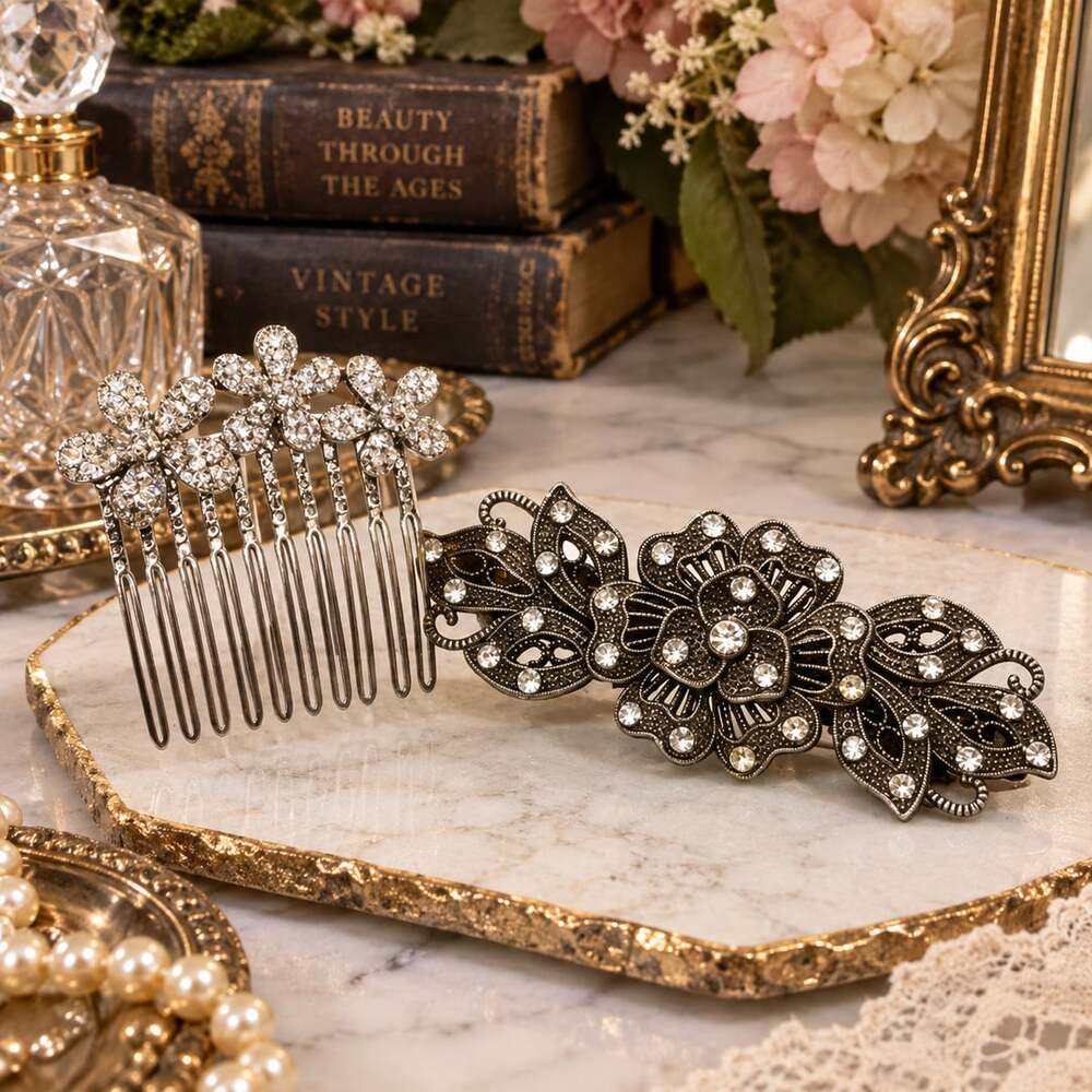 Vtg Decorative Daisy Hair Comb & Floral Rhinestone Hair Clip Lot Wedding Bridal - Picture 1 of 15